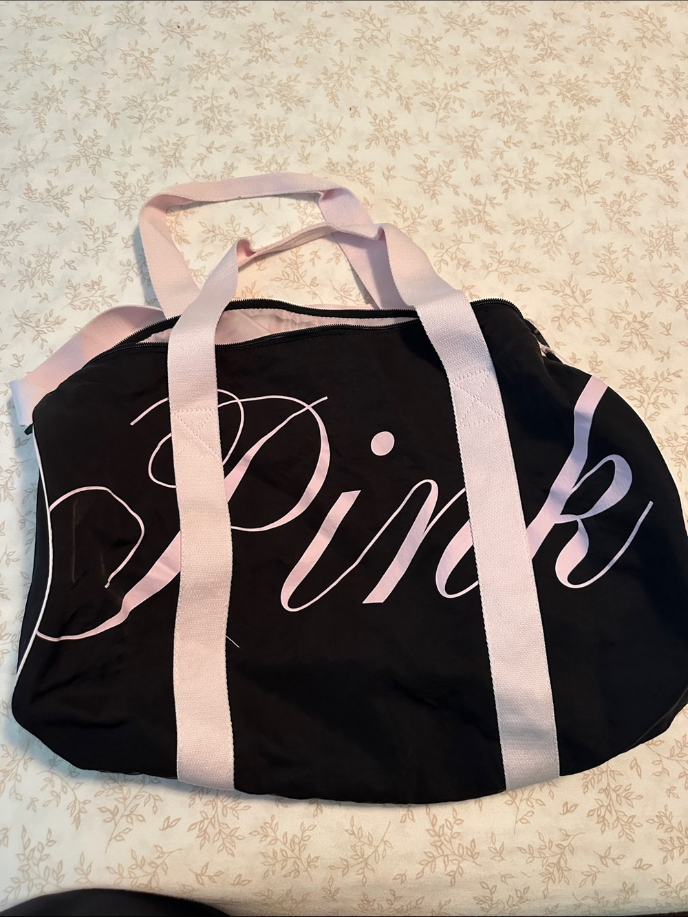 PINK Victoria's Secret Black Duffel with Light Pink Logo & Straps
